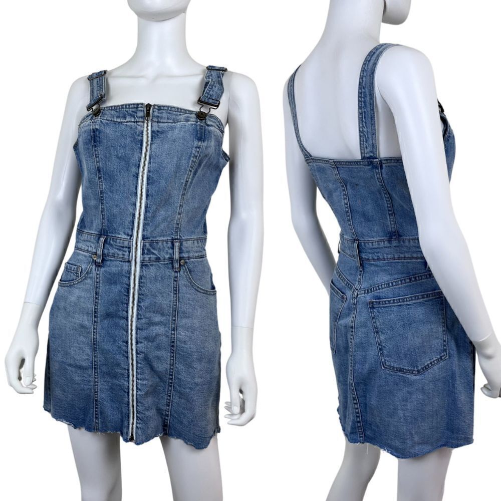 Pistola Nina Women Size S Cotton Denim Cutoff Overall Skirt Mini Dress Zipper